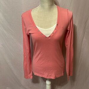 Soft long sleeve pink top with white inlay & Pearl snap buttons